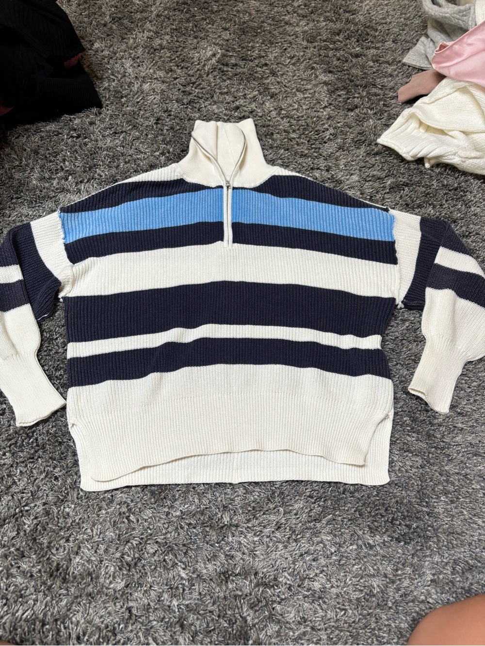 Womens Half-Zip Striped Knit Sweater - Cream, Navy & Blue